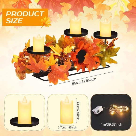Harvest Centerpiece Thanksgiving Candle‎ Holders with 3 LED Candles and 1 String - Picture 7 of 7